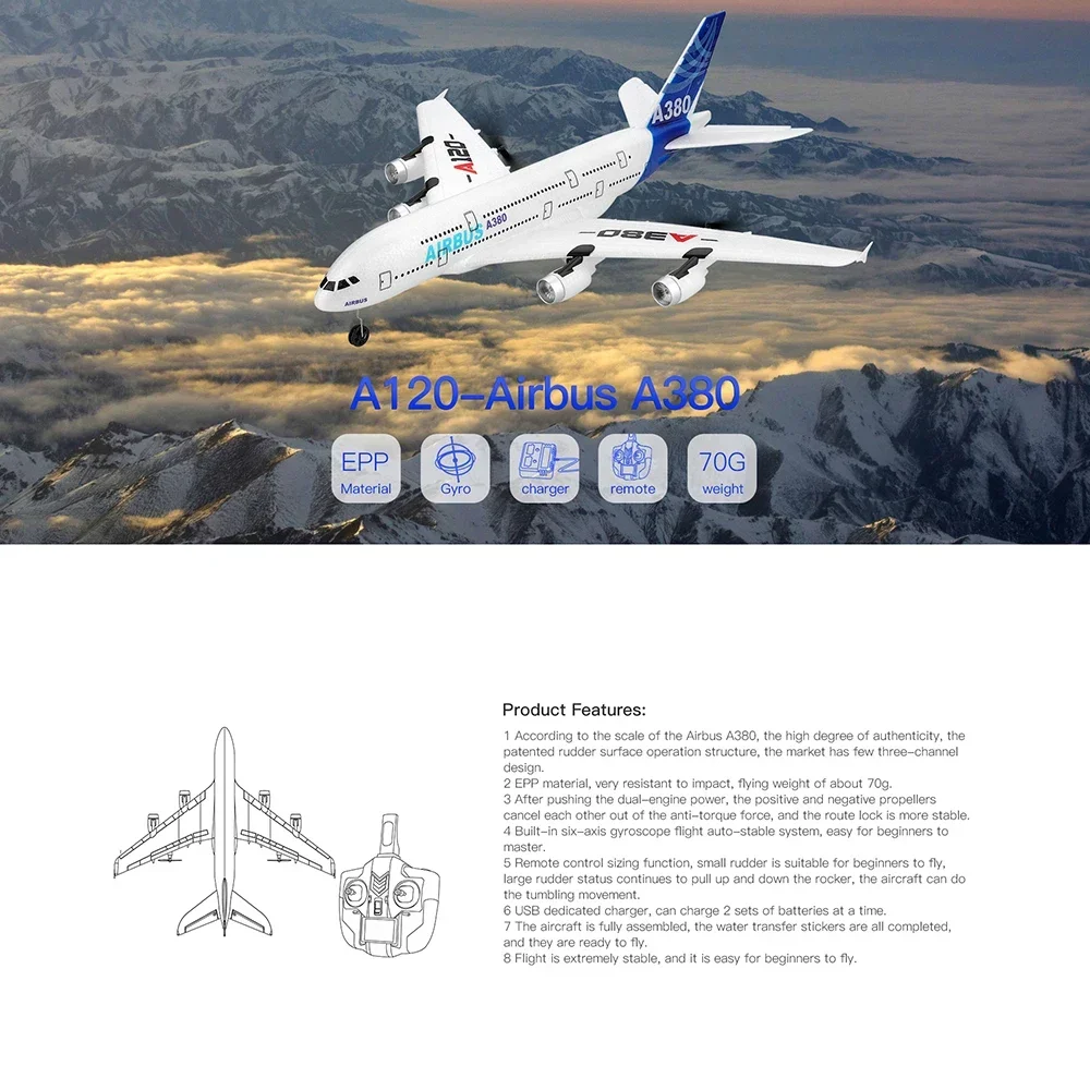 Avión teledirigido Airbus de espuma con giroscopio para niños