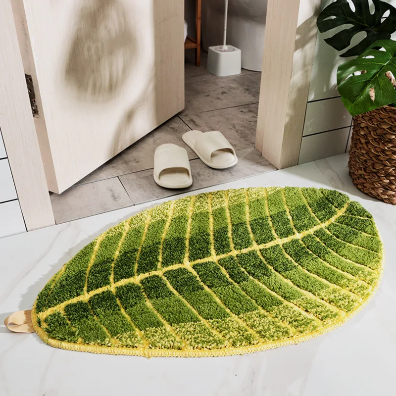 Alfombra antideslizante de baño con forma hoja verde lavable