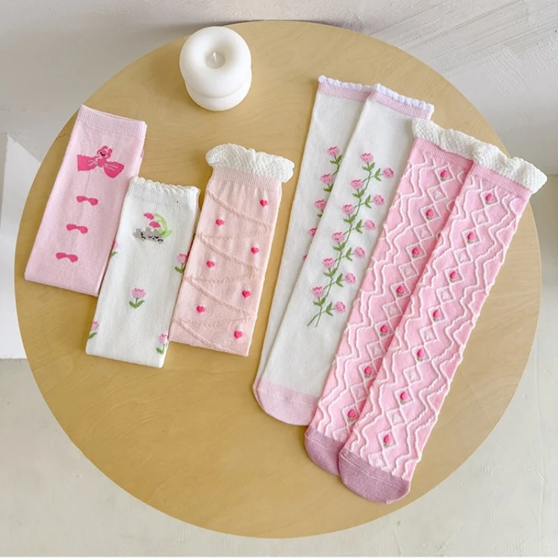 Calcetines largos de algodón para niñas con estampado floral estilo princesa - imagen 4