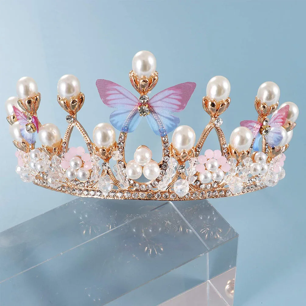 Corona de princesa artesanal con perlas y mariposa - Tiaras para niñas