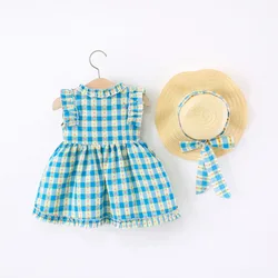 Conjunto vestido princesa a cuadros de verano para bebé con sombrero