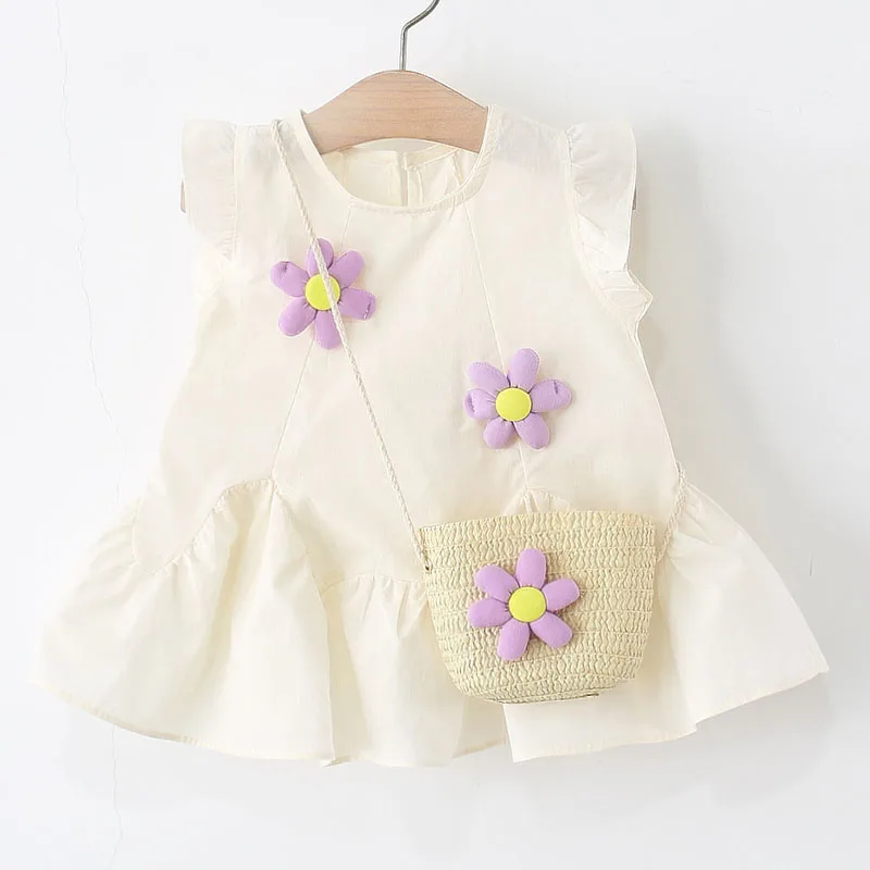 Vestido princesa sin mangas de algodón para niña – conjunto con bolsa
