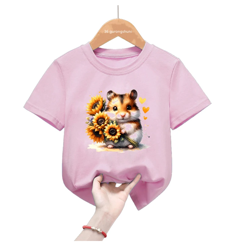 Camiseta niña estampada con hámster y girasol estilo kawaii de verano - imagen 3