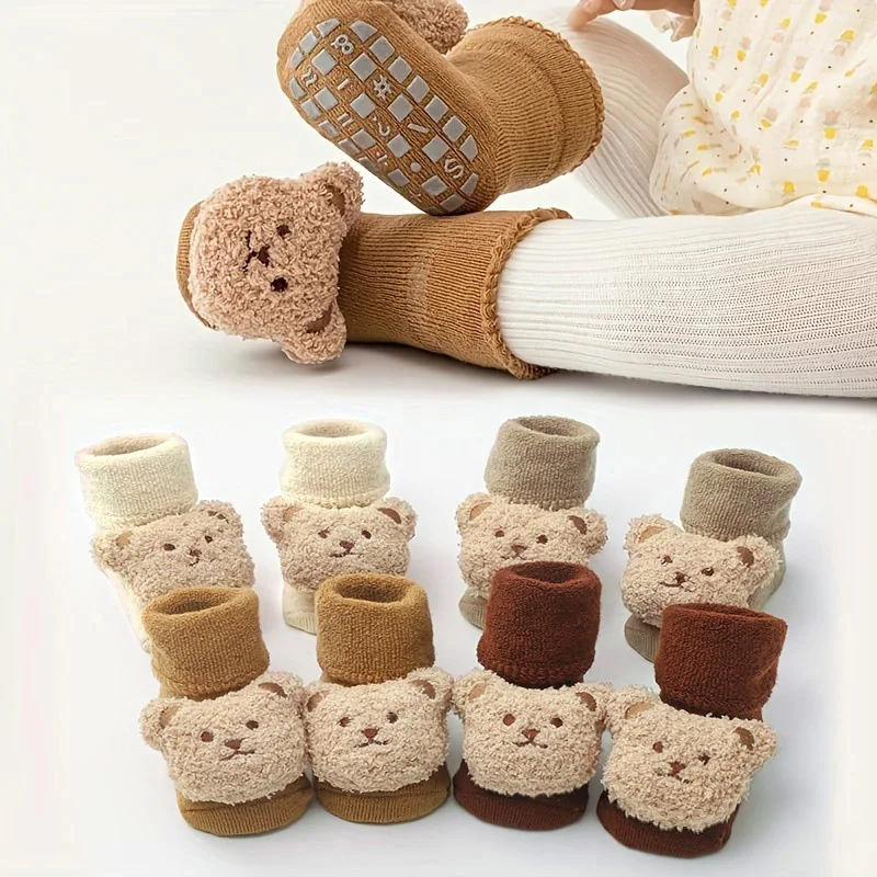 Calcetines antideslizantes para bebé de algodón grueso con oso