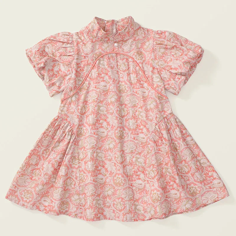 Vestido de bebé rosa de algodón con flores y mangas abullonadas - imagen 2