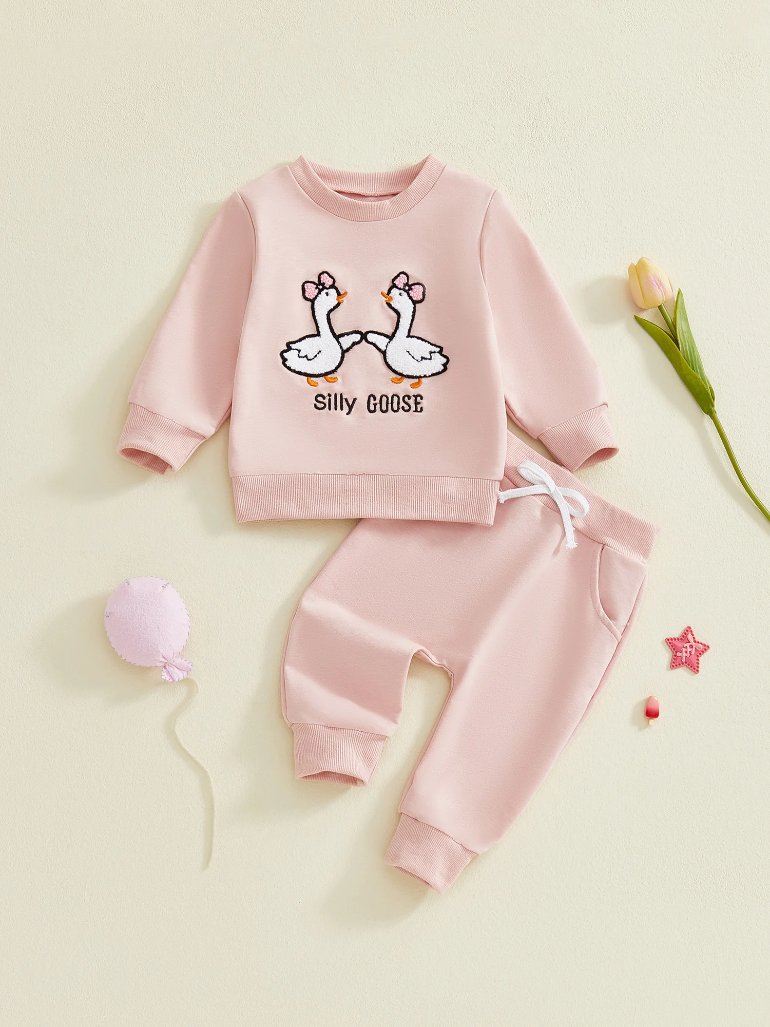 Conjunto de ropa para niña con top bordado y pantalón rosa