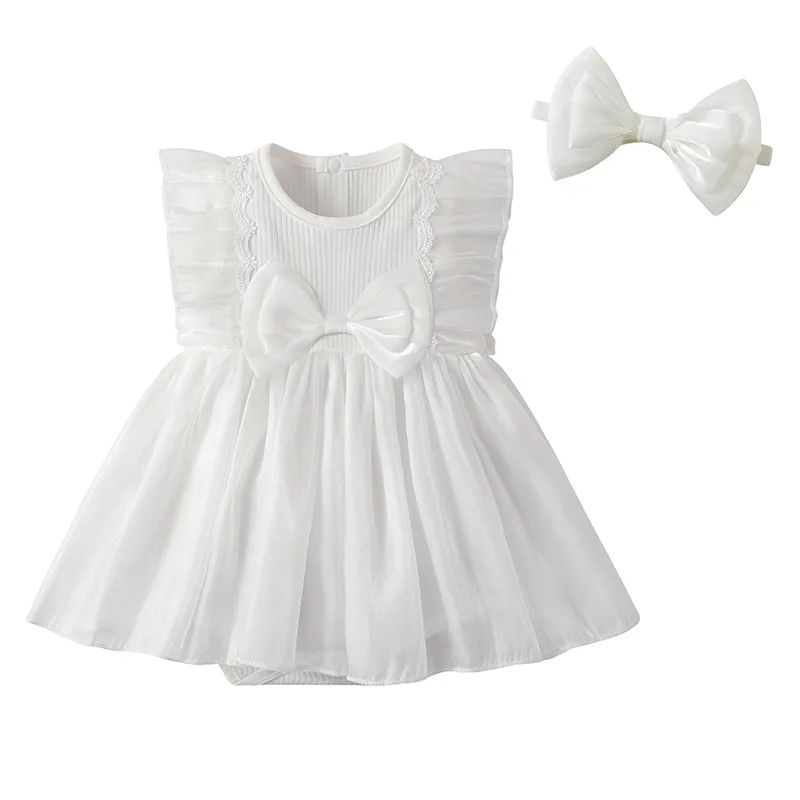 Mono de verano para niña blanco en malla sin mangas con lazo - imagen 2