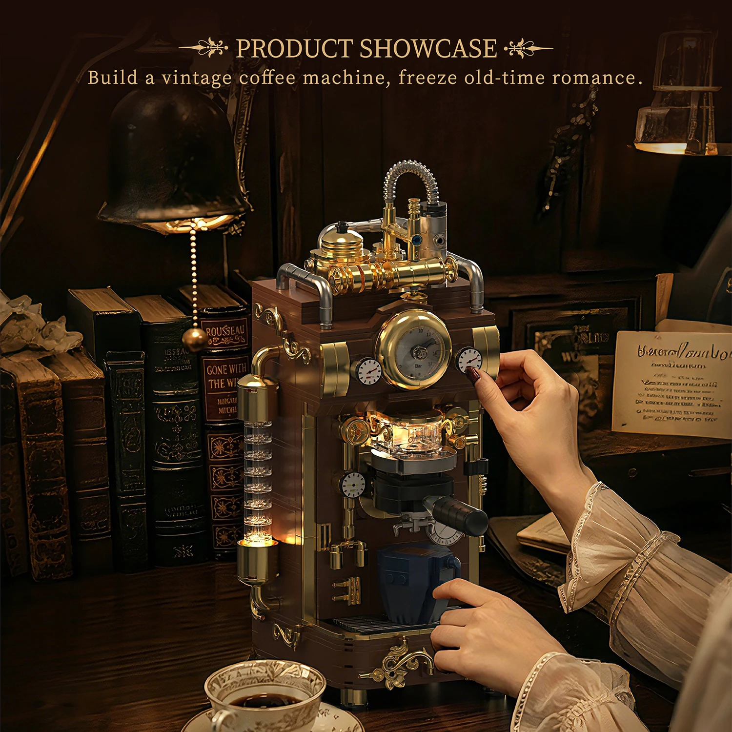 Bloques de construcción de cafetera de vapor retro con luces - imagen 3