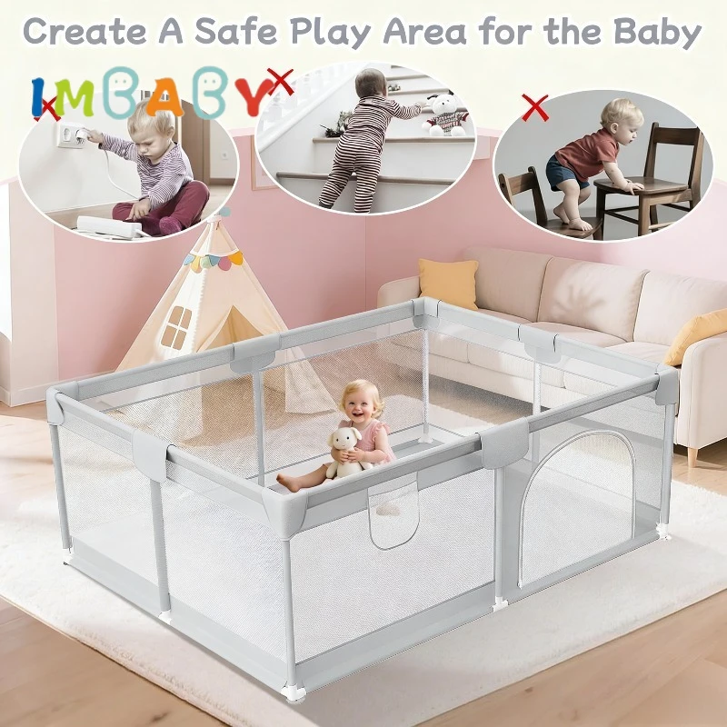 IMBABY Corralito para bebé gris con anillo de tracción y barrera - imagen 5