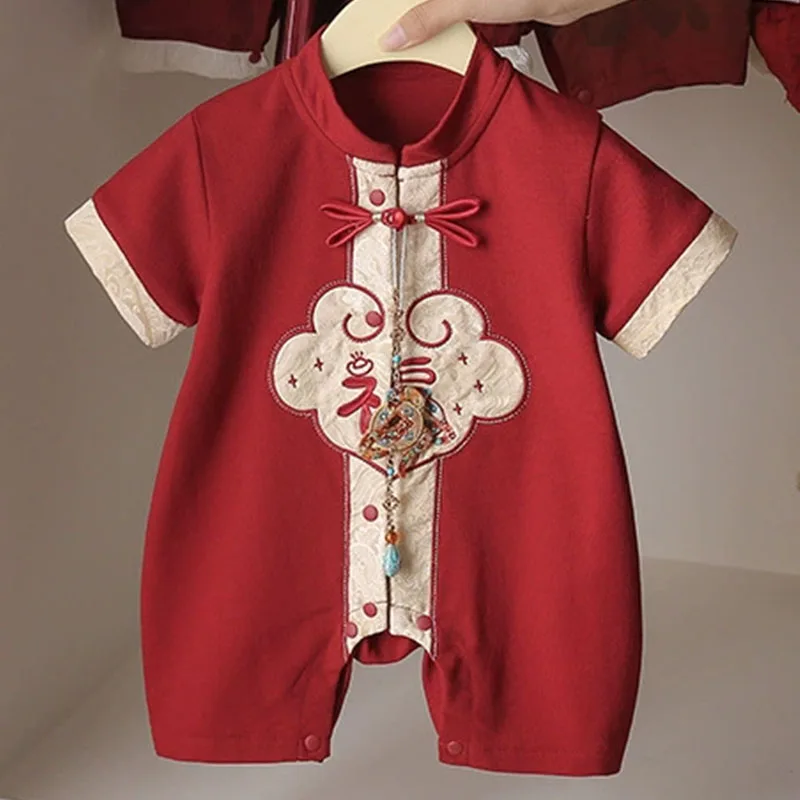 Mono de bebé de verano rojo bordado de manga corta, ligero