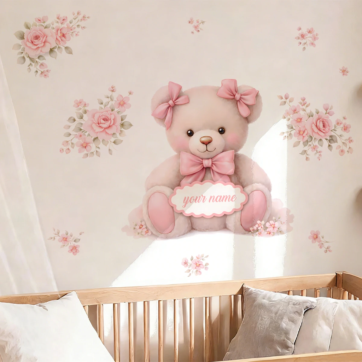 Pegatina de pared personalizada con nombre y lazo rosa, oso de peluche