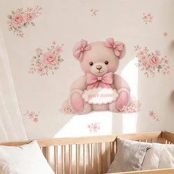 Pegatina de pared personalizada con nombre y lazo rosa, oso de peluche