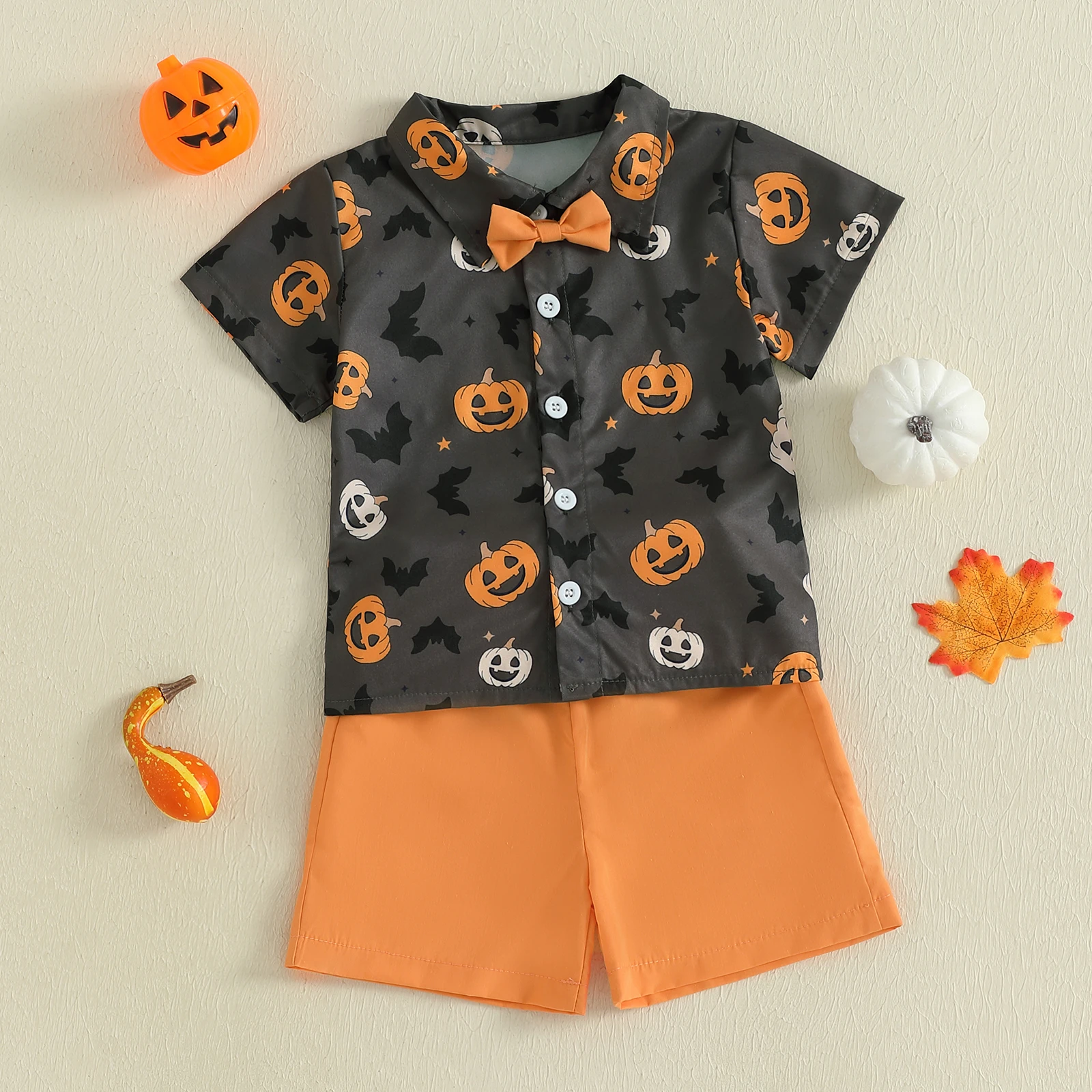 Conjunto de Halloween para niño con pajarita y murciélagos de calabaza