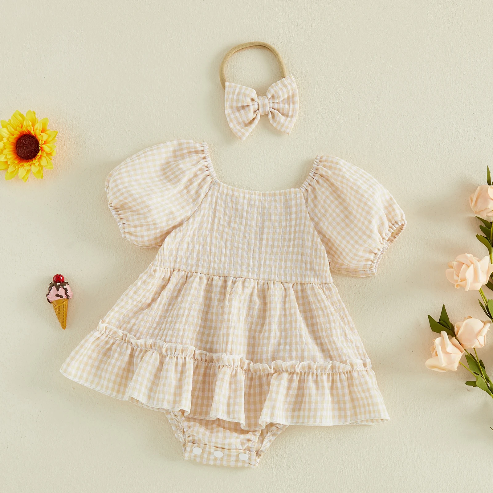 Conjunto verano bebé recién nacida vestido pelele a cuadros con lazo - imagen 4