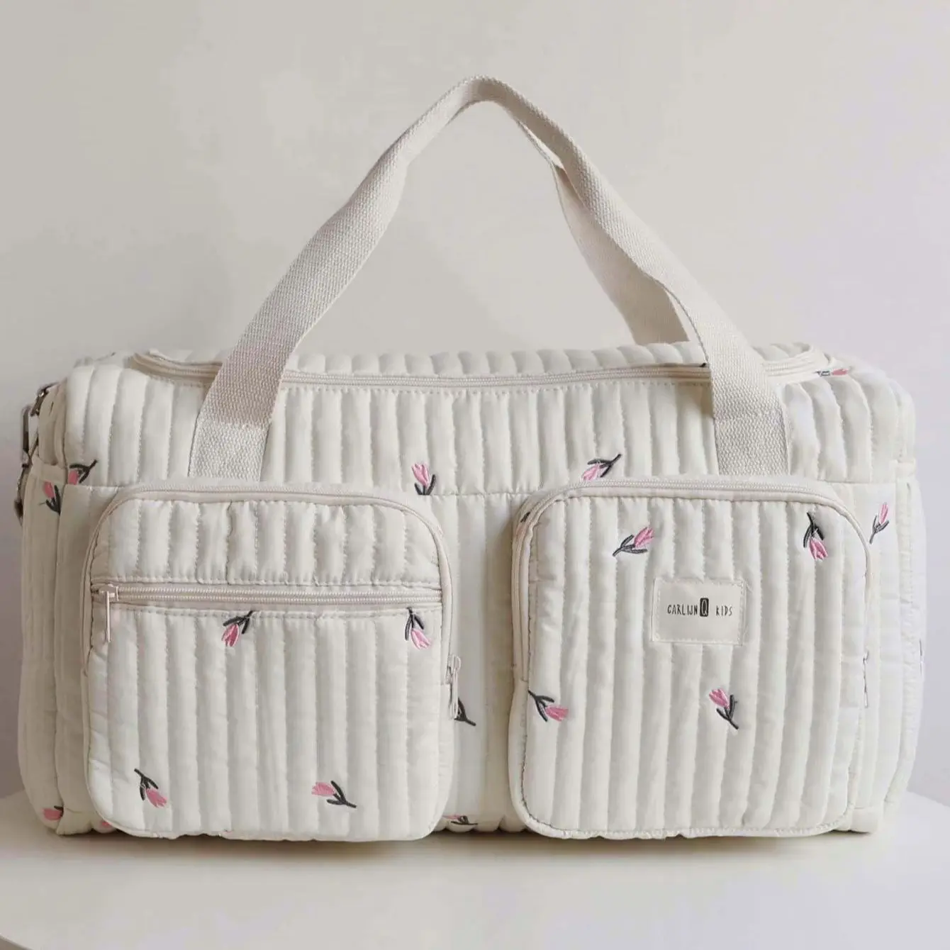 Bolsa de pañales para mamá – Algodón beige bordado oso - imagen 3