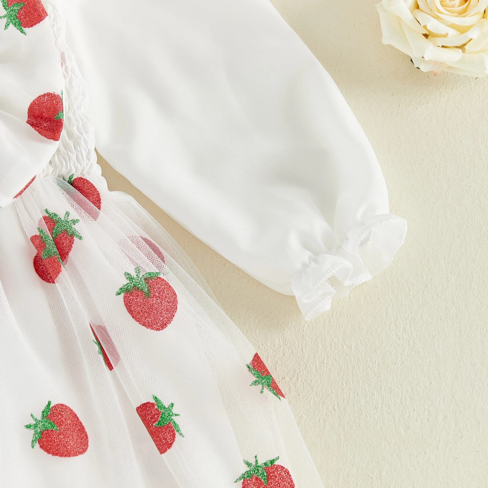 Vestido de otoño para niña pequeña – Manga larga en tul y lazo fresa - imagen 5