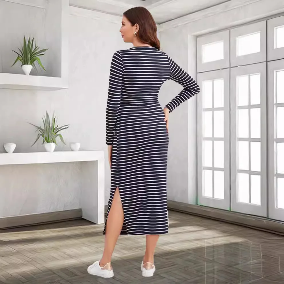 Vestido maternidad elegante a rayas con dobladillo dividido - imagen 3