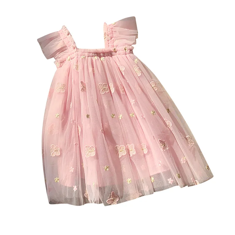 Vestido de verano para niña con bordado de mariposa y mangas volantes - imagen 2