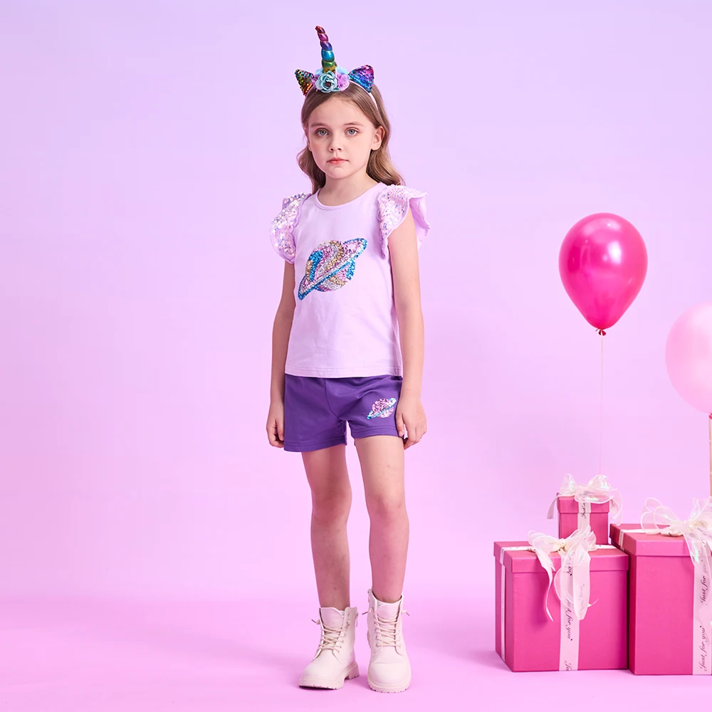 DXTON Conjunto de niña volantes y pantalón corto con lentejuelas