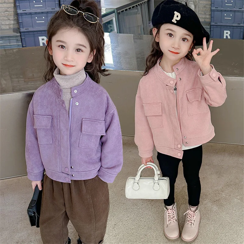 Chaqueta de cuero para niña con cremallera y cuello levantado