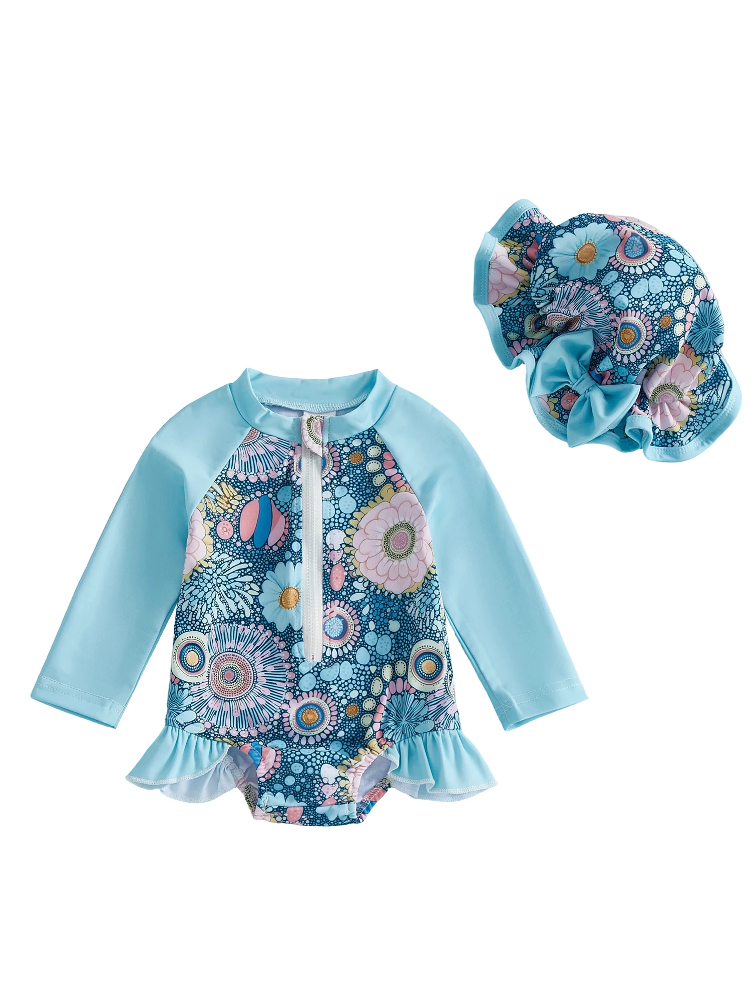 Traje de baño floral con cremallera y gorro