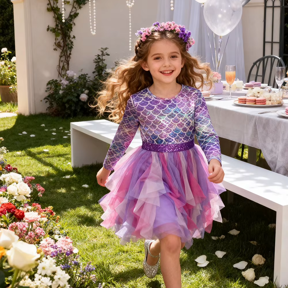 DXTON Vestido de sirena para niña con tela suave y brillos - imagen 2