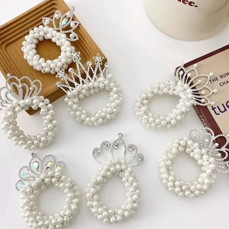 Coleteros con perlas y corona para niñas – bandas elásticas - imagen 2