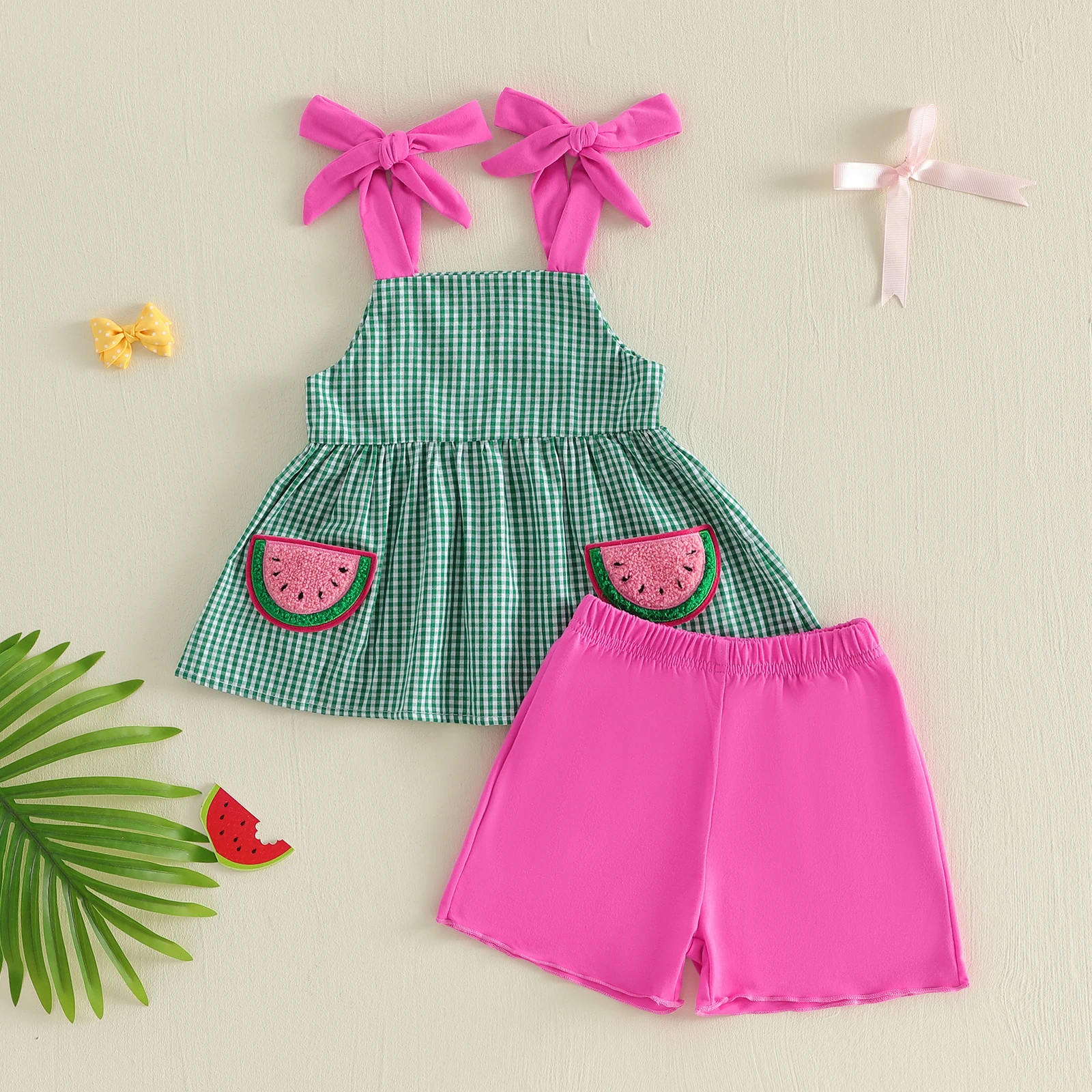 Conjunto verano niña: camiseta sin mangas bordado sandía y corto liso