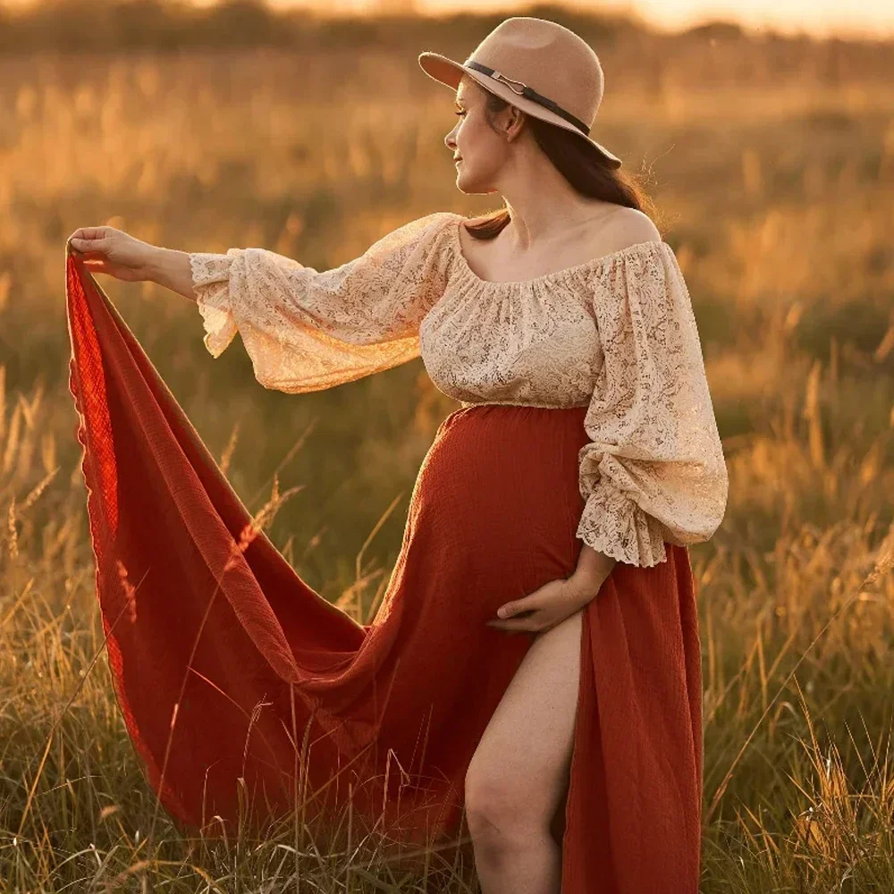 Vestido de maternidad bohemio con encaje y falda en lino - imagen 2