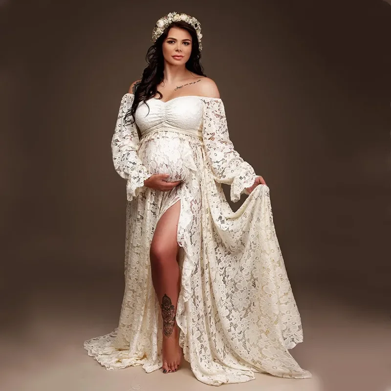 Vestido de maternidad bohemio de encaje largo con tul para fotos - imagen 4