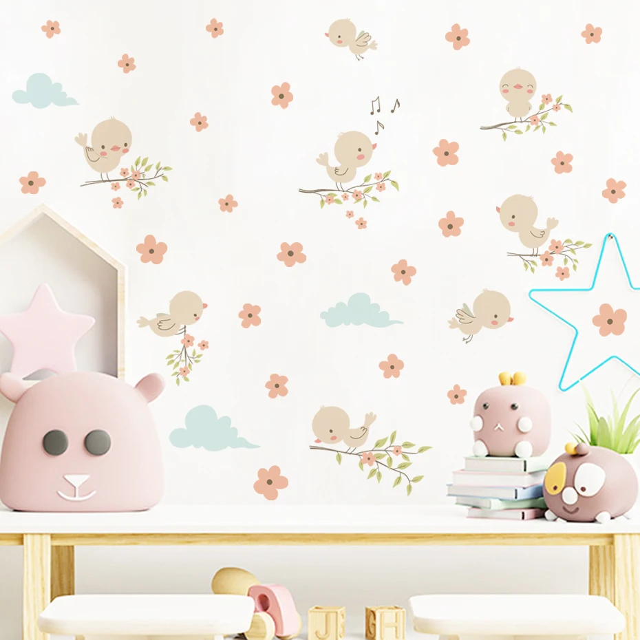 Pegatinas de pared florales con pájaros estilo acuarela infantil - imagen 5