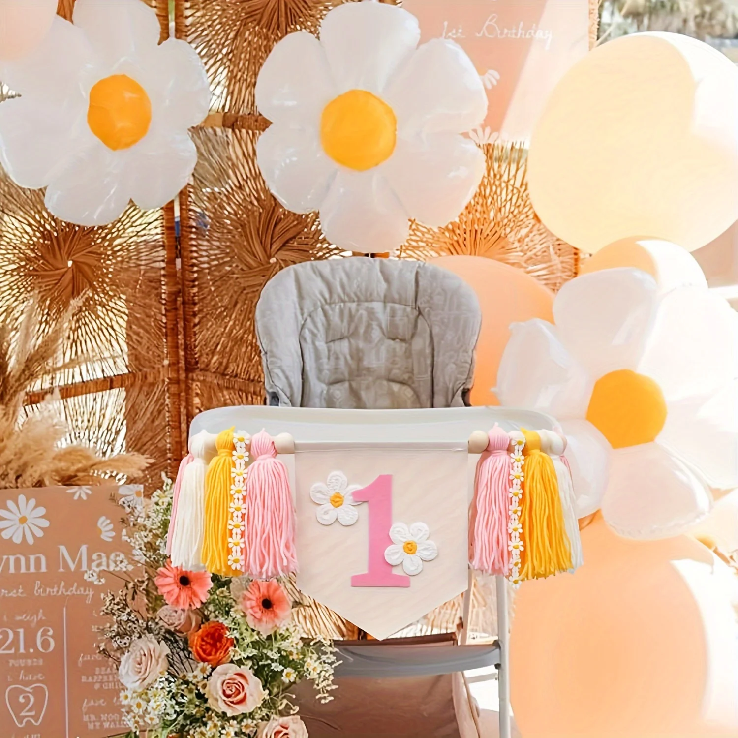 Daisy cartel primer cumpleaños - Pancarta con borlas para trona - imagen 2
