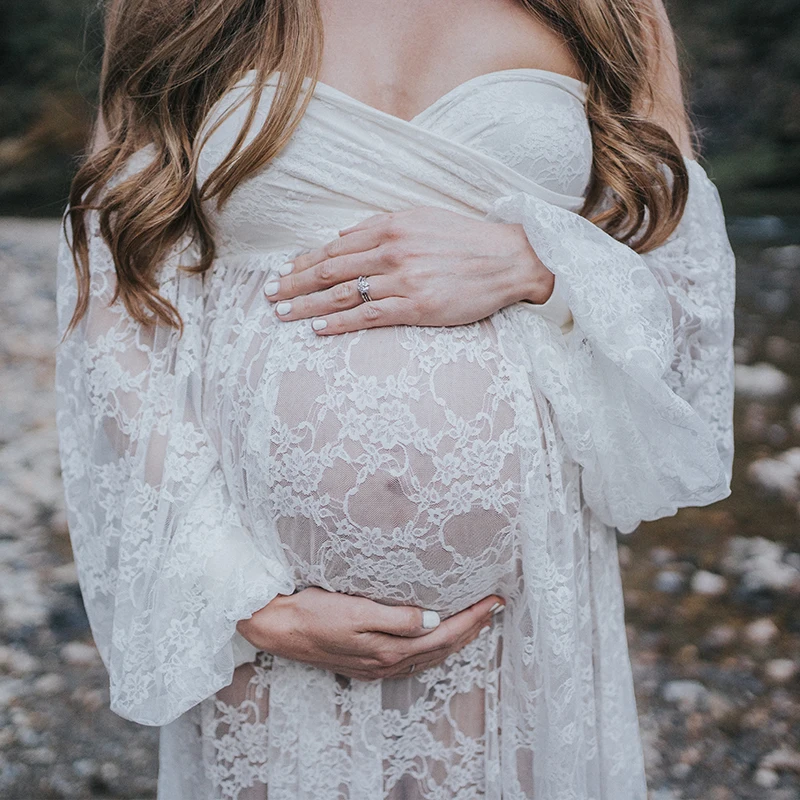 Vestido de maternidad encaje elástico con hombros descubiertos - imagen 5