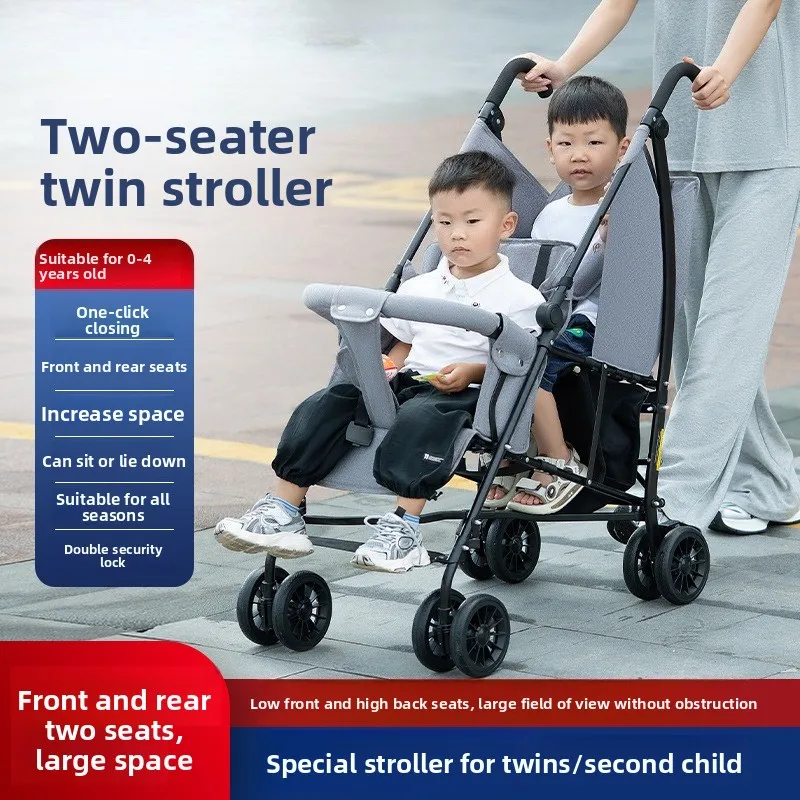 Cochecito gemelar ligero plegable con doble asiento reclinable