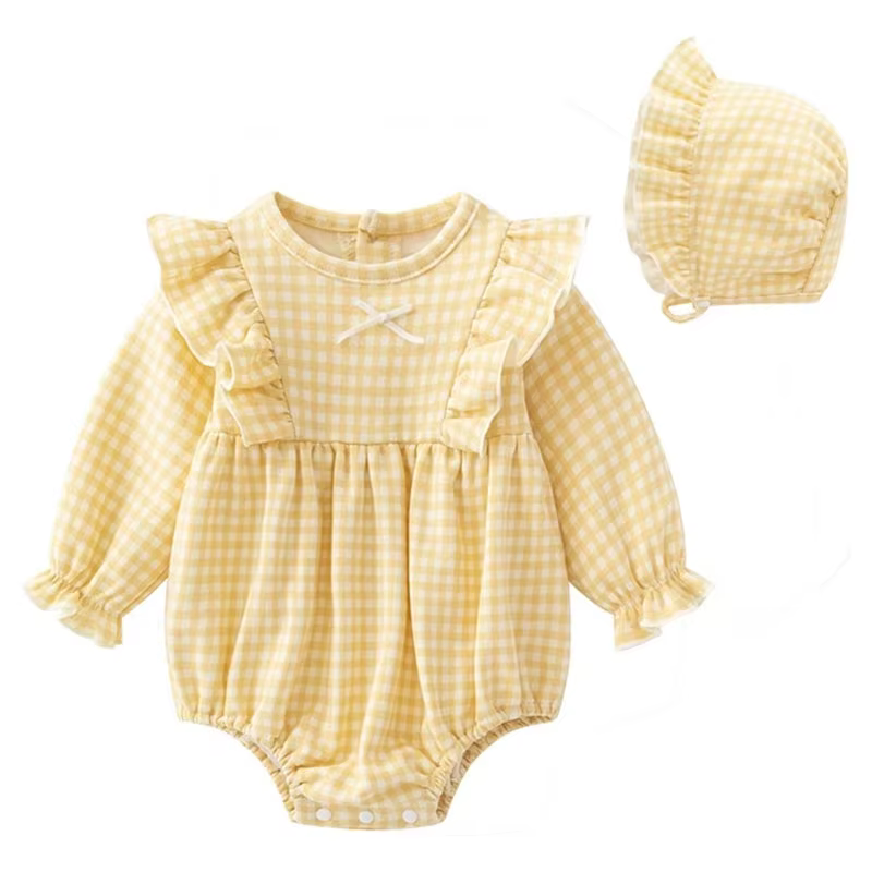 Mono bebé de cuadros algodón con lazo y gorrito para niña - imagen 2