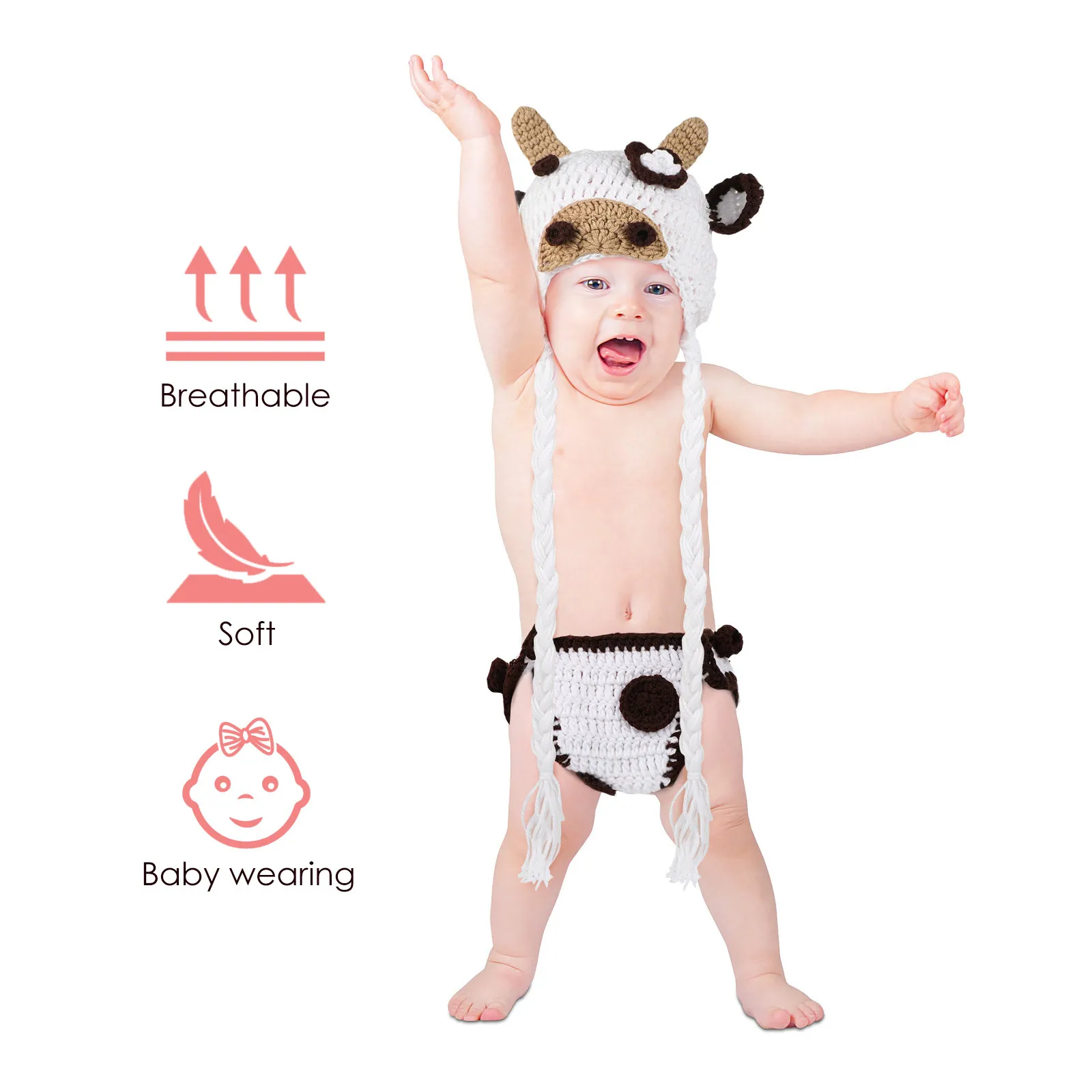 Conjunto bebé vaca con gorro de ganchillo y pantalón suave - imagen 2