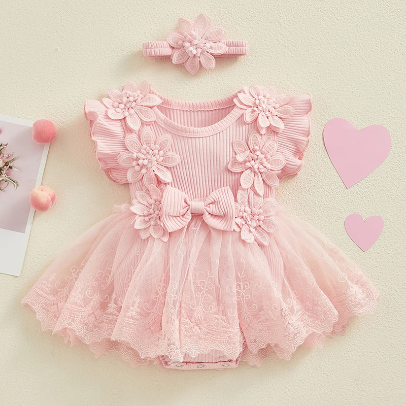 Pelele para niña recién nacida – Vestido de encaje con volantes y diadema - imagen 3