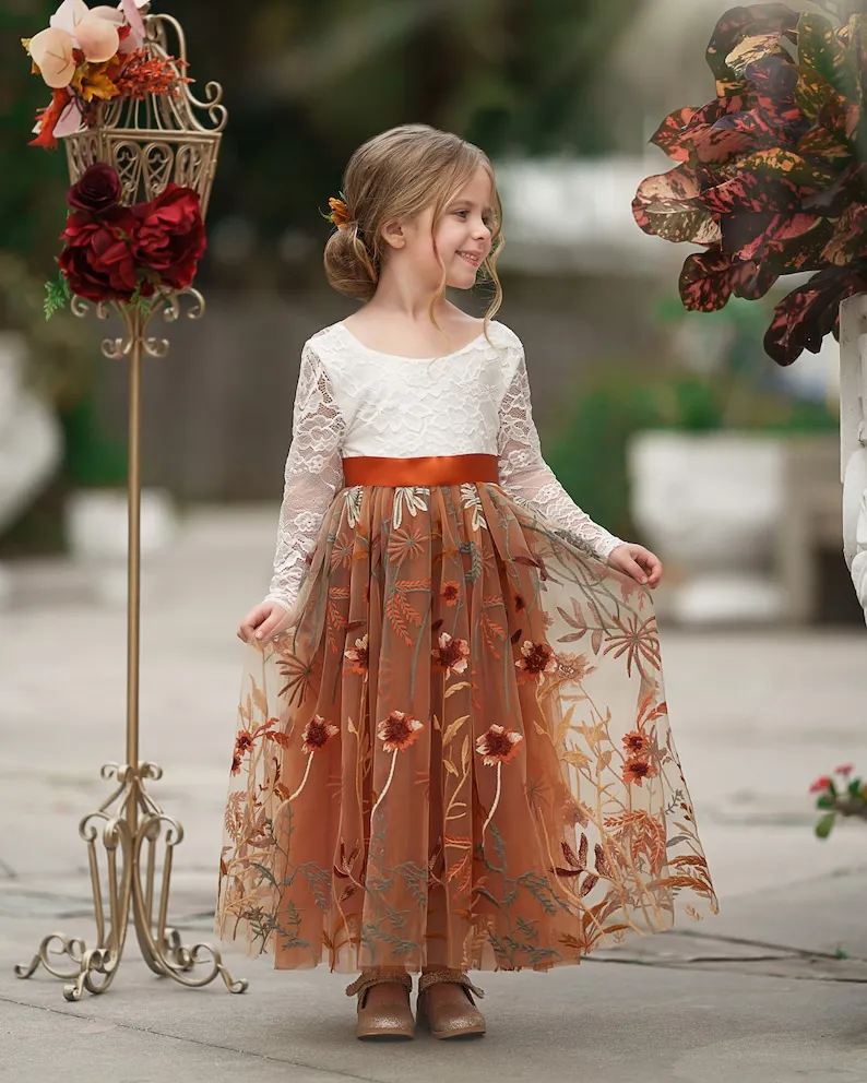 Vestido de niña de tul floral naranja – encaje rústico de fiesta - imagen 4