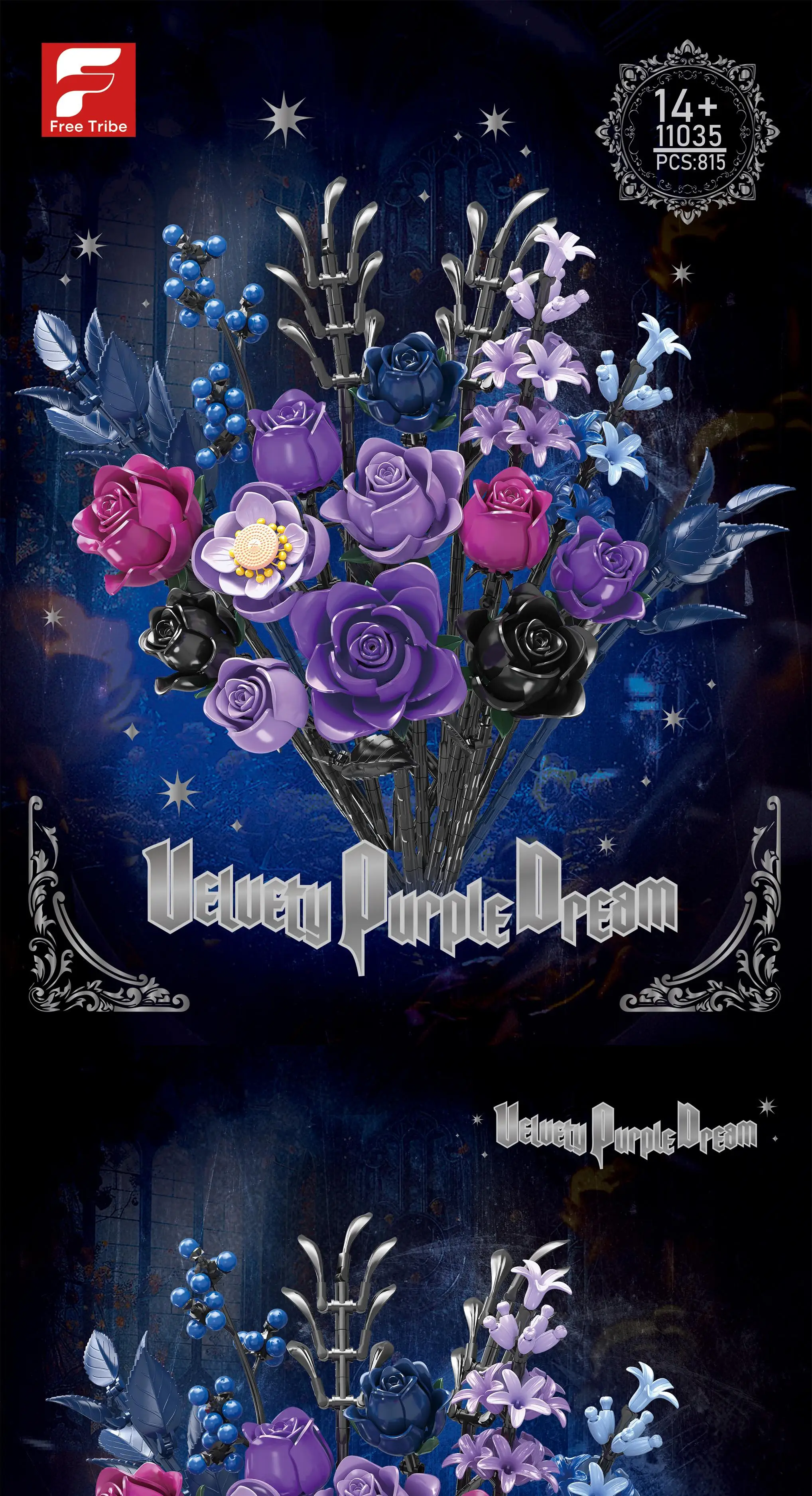 Ramo de flores moradas montado con bloques