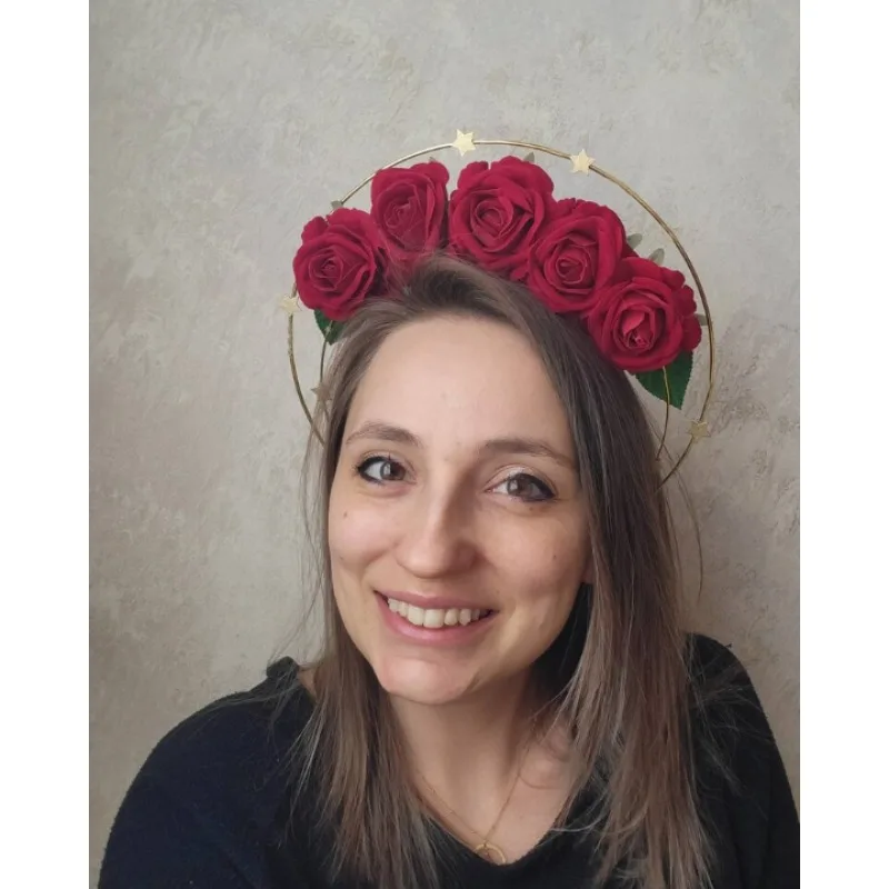 Diadema corona halo floral con rosa roja y estrellas para niña - imagen 5