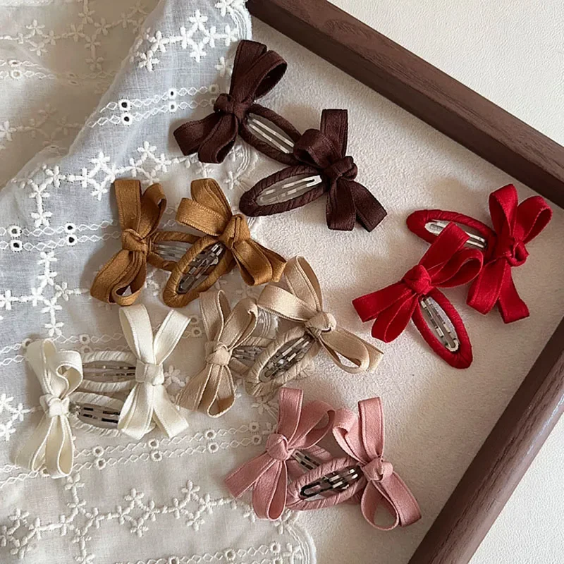 Pinzas pelo con lazo algodón para niñas – rosa y beige laterales - imagen 3