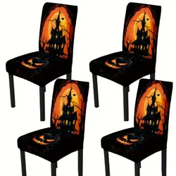 Funda de silla Halloween con calabaza y casa encantada, elástica