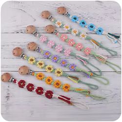 Clip para chupete de tela con flores tejidas a mano, cadena decorativa