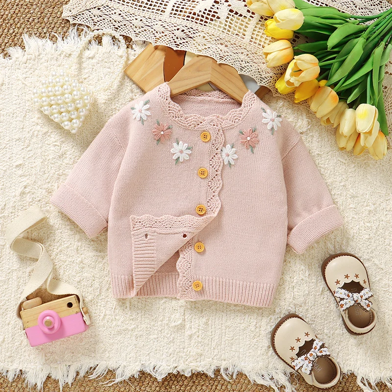 Cárdigan de punto floral para niña suave elegante primavera-otoño