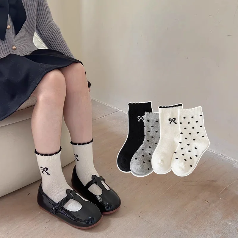 Calcetines de algodón con lazo y lunares estilo princesa para niños - imagen 3