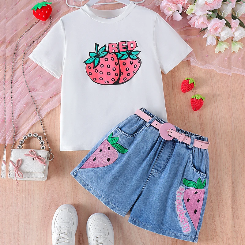 Conjunto de verano para chica: top fresa y pantalón corto vaquero - imagen 5