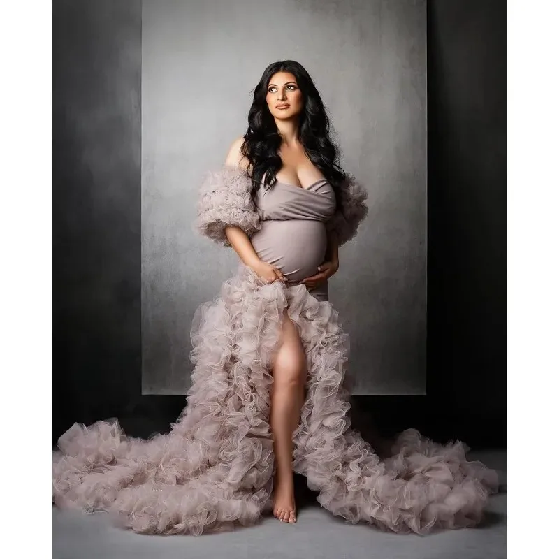 Vestido de maternidad sirena de tul suave con hombros descubiertos - imagen 3