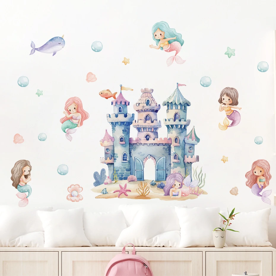 Vinilo pared infantil de sirena y animales marinos estilo acuarela - imagen 4