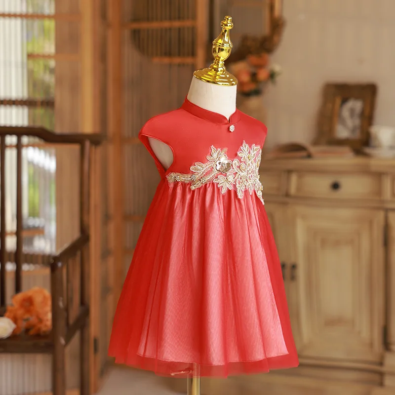 Vestido verano niña rojo con bordado floral transpirable - imagen 5