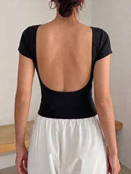 Somenie camiseta corta de cuello en U con espalda abierta para mujer